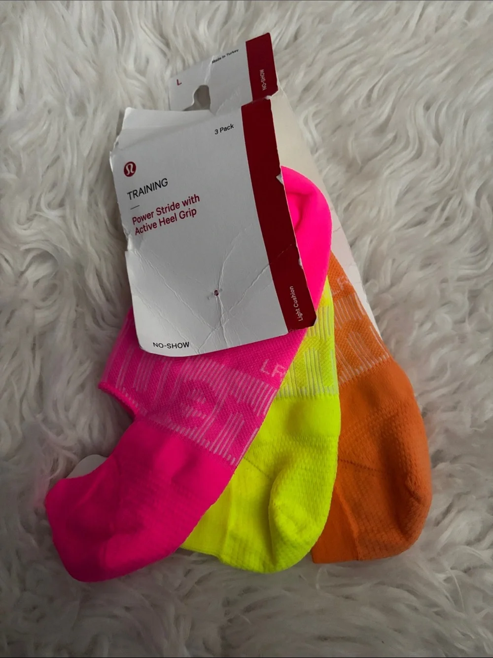 Lululemon Women’s Power Stride w/Active Heel Grip Socks, Pink/Yellow/Orange, L